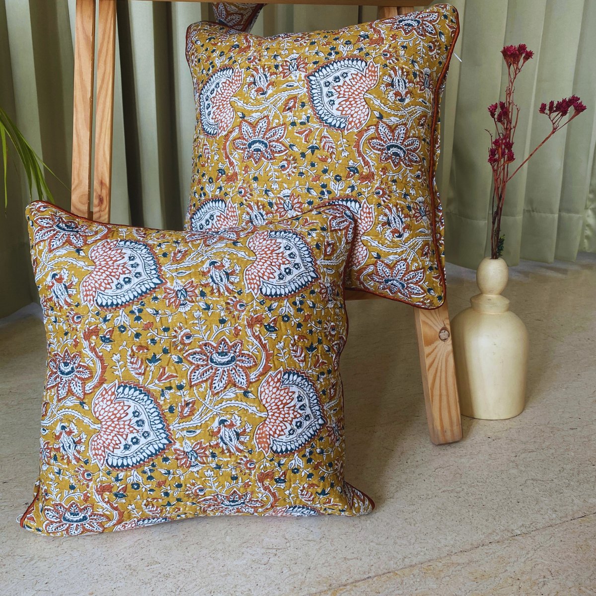 Amaltas Quilted Cushion Covers, pack of 5, 16" x 16" - Coral Slub -